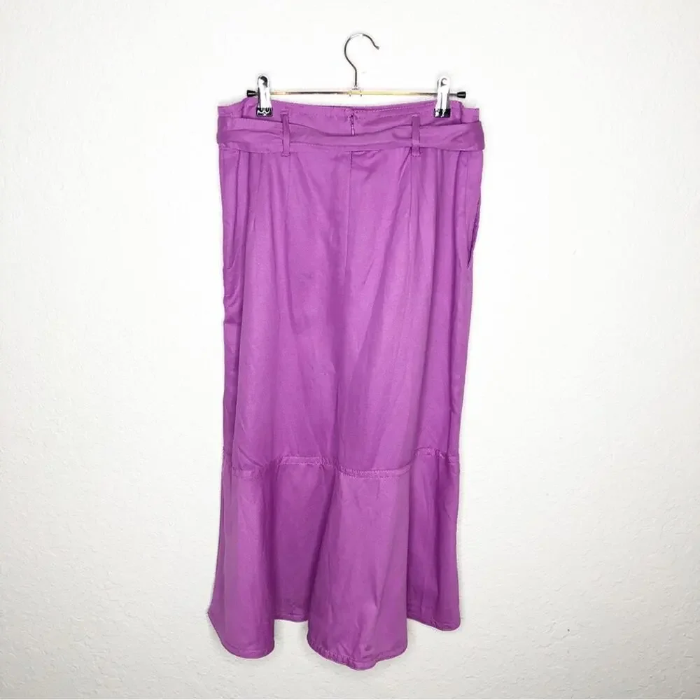 Ann Taylor purple linen blend belted ruffled midi skirt size 8 NWT